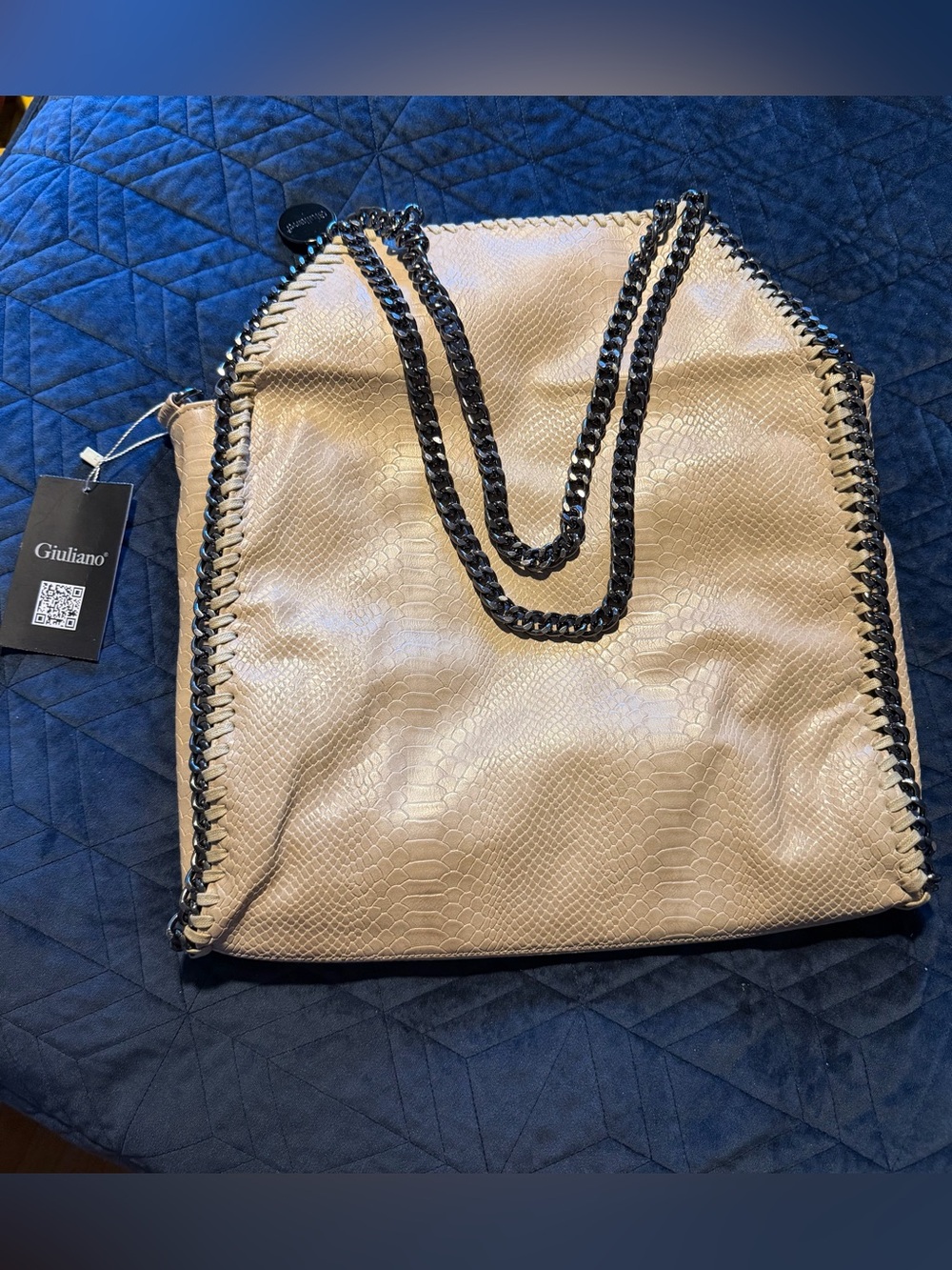 Beige Snake-Embossed Chain Tote